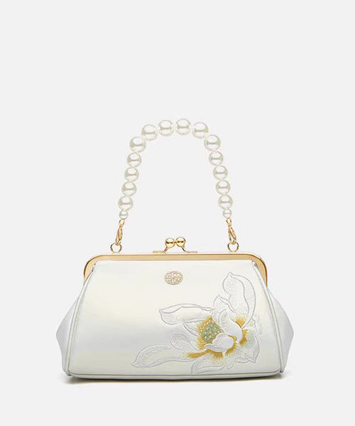 Cowhide Handbag Crossbody Embroidered White Pearl Chinese FashionChic