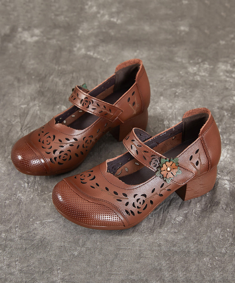 Hollow Chunky Out Heel Leather Chocolate Cowhide Boho Splicing FashionChic