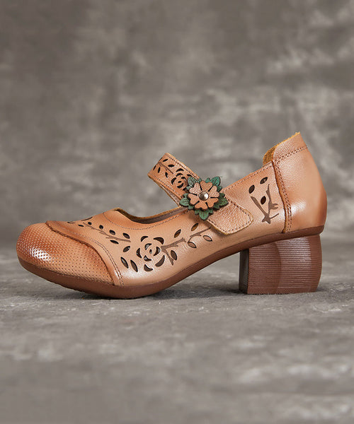 Hollow Chunky Out Heel Leather Chocolate Cowhide Boho Splicing FashionChic