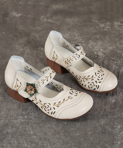 Hollow Chunky Out Heel Leather Chocolate Cowhide Boho Splicing FashionChic