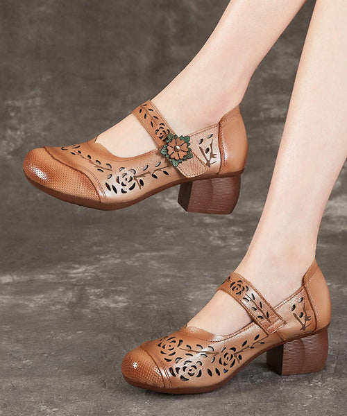 Hollow Chunky Out Heel Leather Chocolate Cowhide Boho Splicing FashionChic