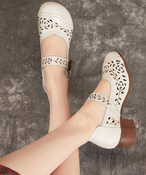 Hollow Chunky Out Heel Leather Chocolate Cowhide Boho Splicing FashionChic