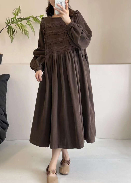 Embroidered Chocolate Exra Hem Spring Corduroy Large Dress FashionChic