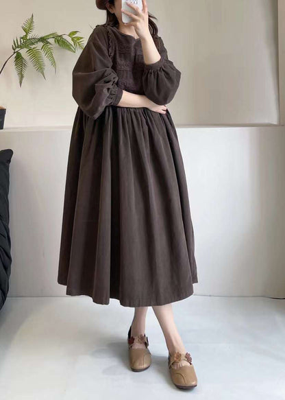 Embroidered Chocolate Exra Hem Spring Corduroy Large Dress FashionChic
