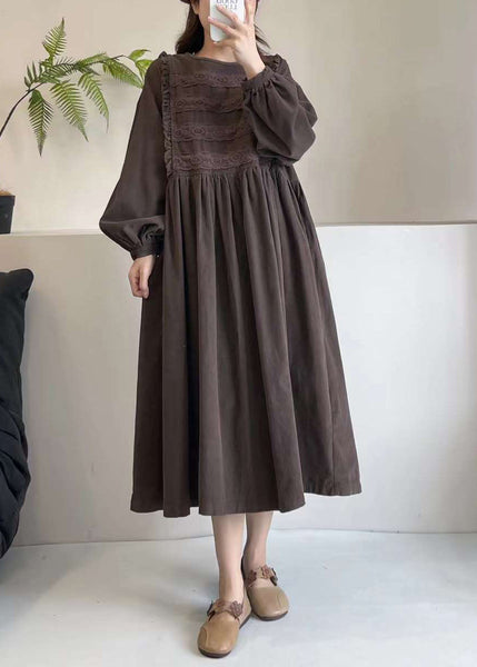Embroidered Chocolate Exra Hem Spring Corduroy Large Dress FashionChic