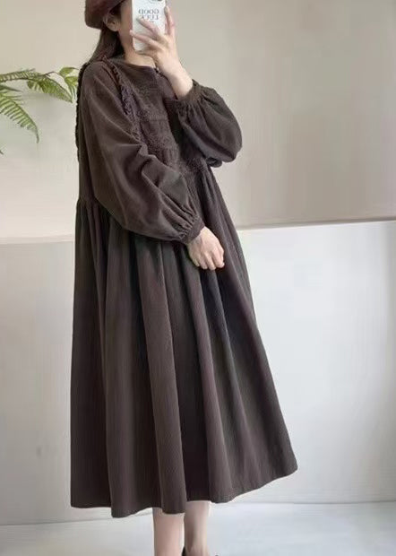 Embroidered Chocolate Exra Hem Spring Corduroy Large Dress FashionChic