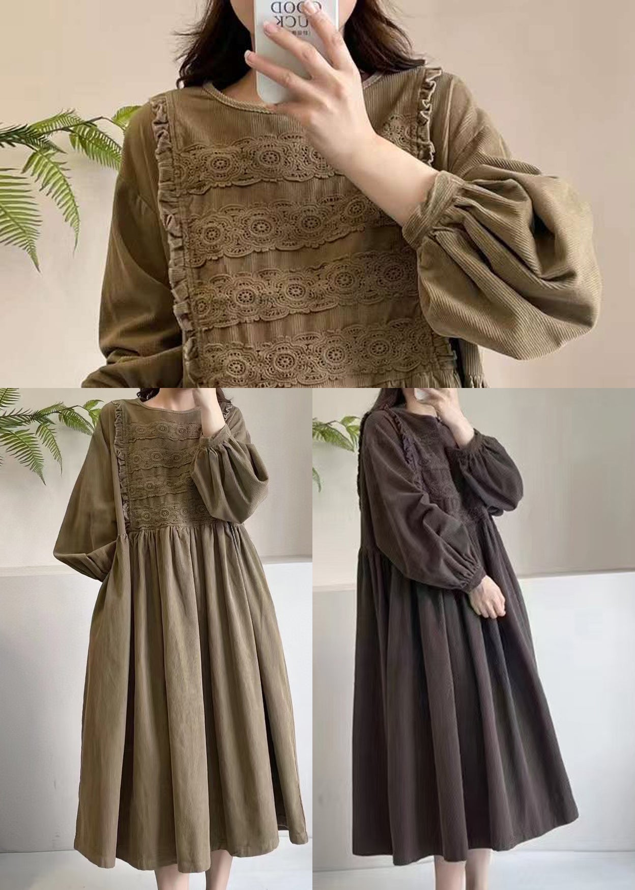 Embroidered Chocolate Exra Hem Spring Corduroy Large Dress FashionChic
