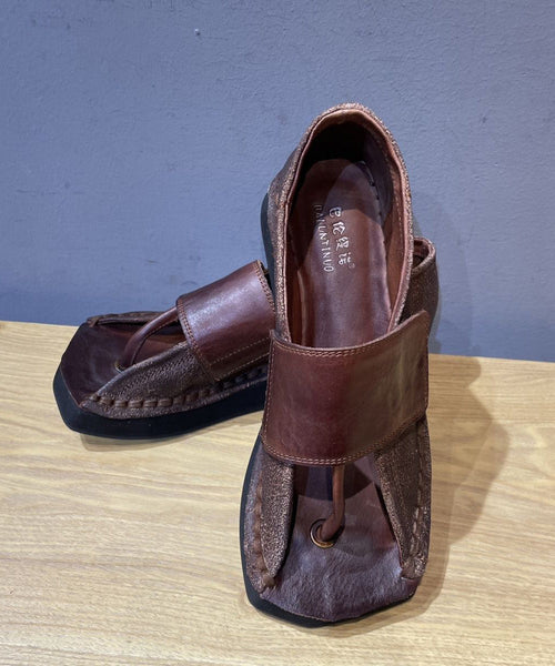 Chocolate Wedge Flip Flops Cowhide Leather Unique Splicing XC1042 Ada Fashion