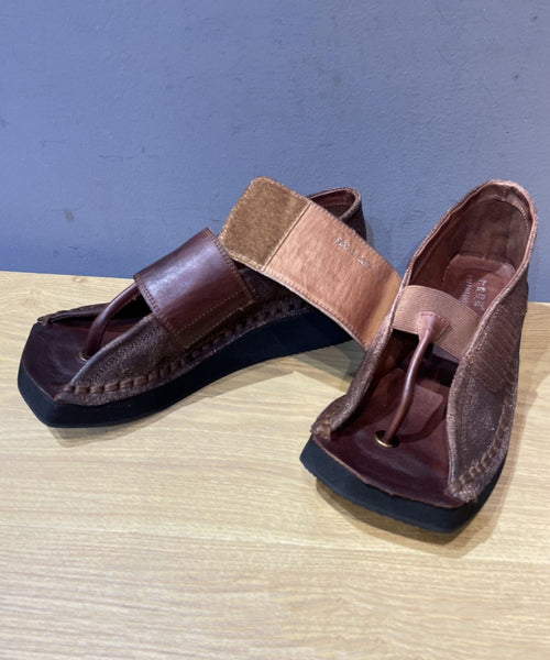 Chocolate Wedge Flip Flops Cowhide Leather Unique Splicing XC1042 Ada Fashion