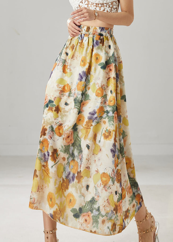 Classy Apricot Elastic Waist Print Linen Skirts Summer YU1006 Ada Fashion