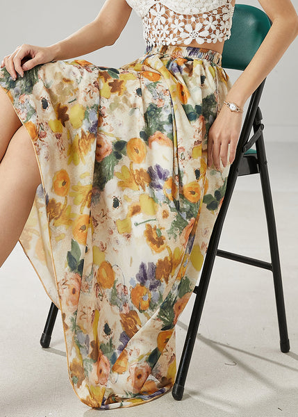 Classy Apricot Elastic Waist Print Linen Skirts Summer YU1006 Ada Fashion