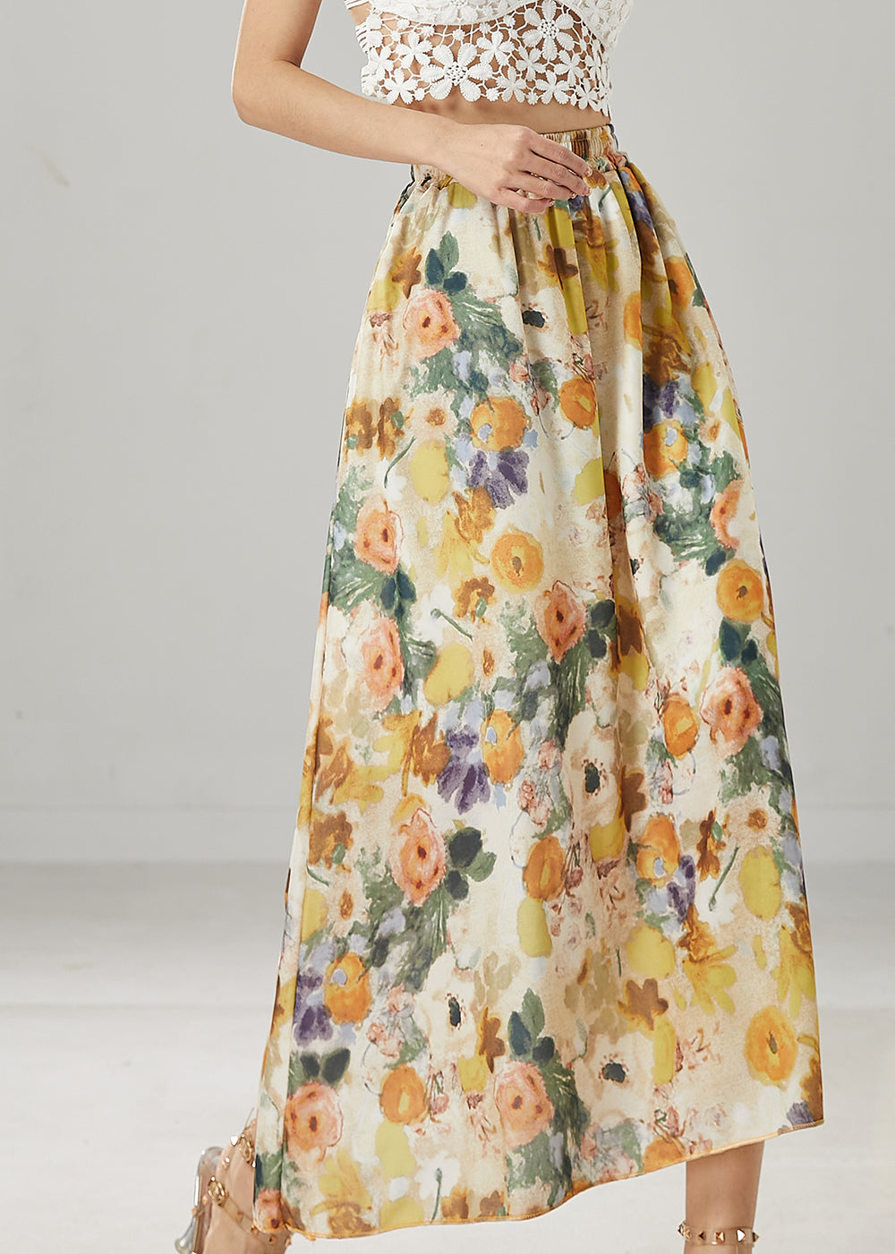 Classy Apricot Elastic Waist Print Linen Skirts Summer YU1006 Ada Fashion