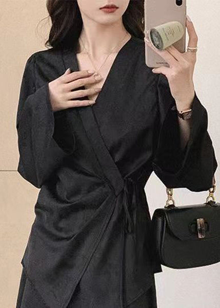 Classy Apricot V Neck Print Tie Waist Shirts Long Sleeve UU1030 SH-LF-LTP240526