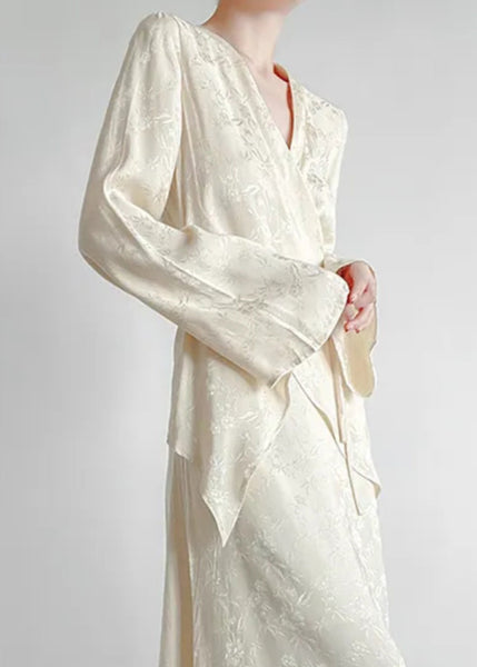 Classy Apricot V Neck Print Tie Waist Shirts Long Sleeve UU1030 SH-LF-LTP240526