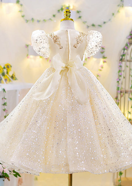 Classy Apricot V Neck Sequins Tulle Girls Maxi Gowns Dresses Short Sleeve XZ004 SDGL240618