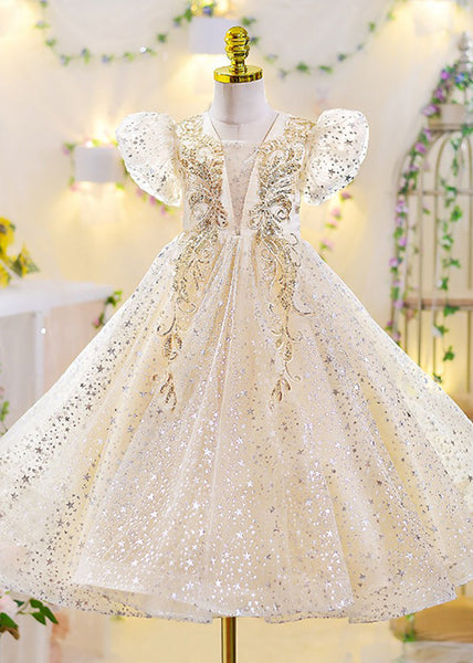 Classy Apricot V Neck Sequins Tulle Girls Maxi Gowns Dresses Short Sleeve XZ004 SDGL240618