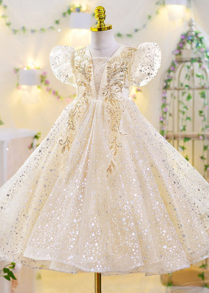 Classy Apricot V Neck Sequins Tulle Girls Maxi Gowns Dresses Short Sleeve XZ004 SDGL240618