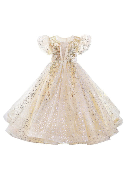 Classy Apricot V Neck Sequins Tulle Girls Maxi Gowns Dresses Short Sleeve XZ004 SDGL240618