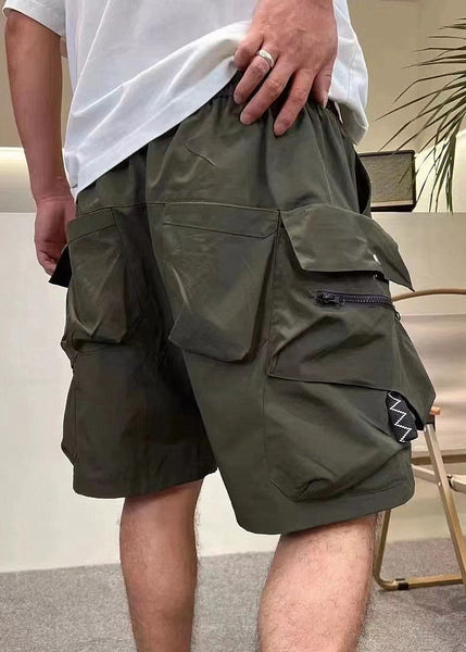 Shorts Drawstring Army Cotton Pockets Classy Zippered Green Men FashionChic