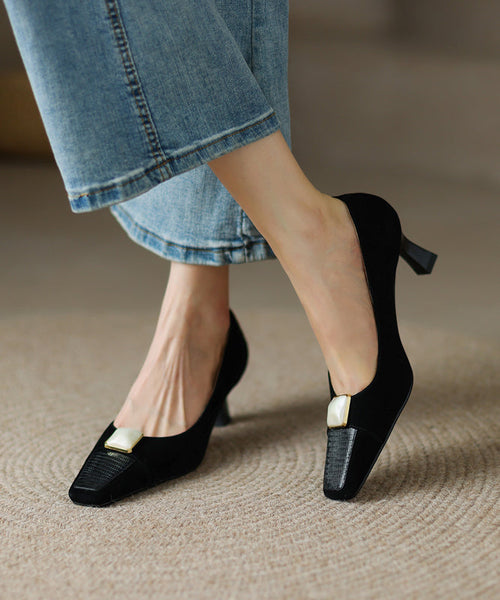 Toe Square Splicing Heels Classy Leather Beige High Cowhide FashionChic