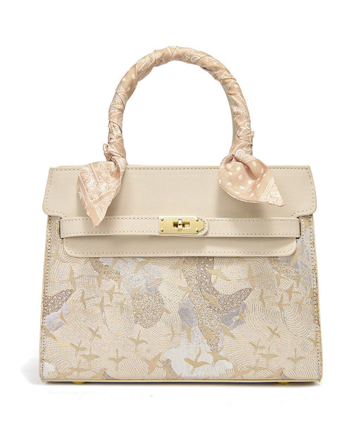Micro Faux Classy Leather Beige Bag Embroidered FashionChic