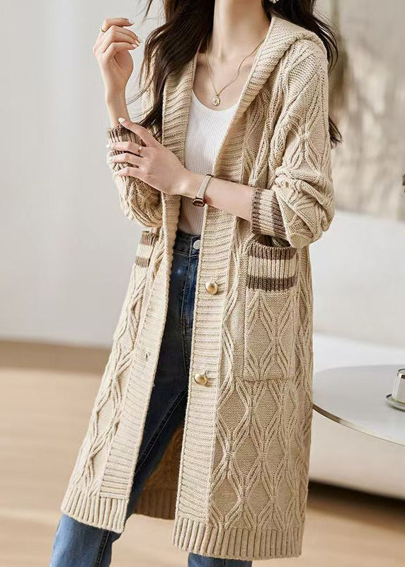 Classy Beige Hooded Pockets Knit Loose Cardigan Fall QS020 OM-BB241010