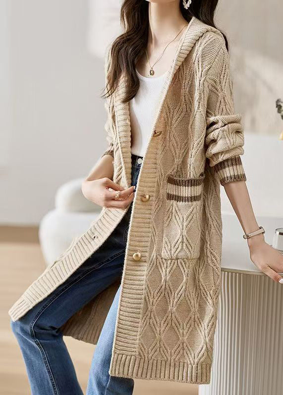 Classy Beige Hooded Pockets Knit Loose Cardigan Fall QS020 OM-BB241010
