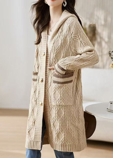 Classy Beige Hooded Pockets Knit Loose Cardigan Fall QS020 OM-BB241010