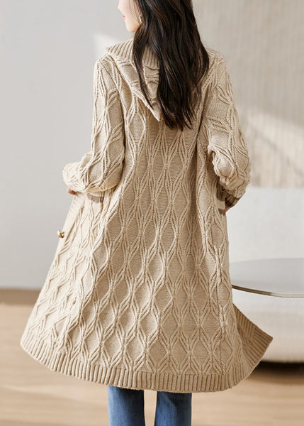 Classy Beige Hooded Pockets Knit Loose Cardigan Fall QS020 OM-BB241010
