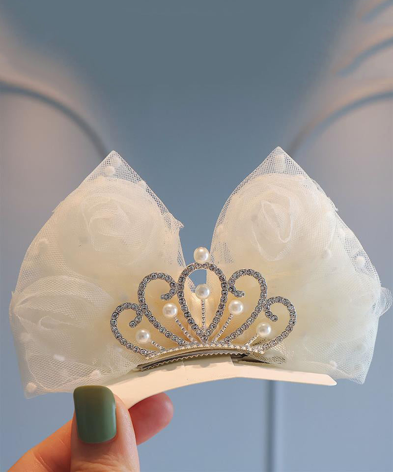 Classy Beige Metal Zircon Crown Tulle Bow Kids Hairpin YG029 ABC
