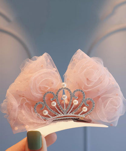 Classy Beige Metal Zircon Crown Tulle Bow Kids Hairpin YG029 ABC