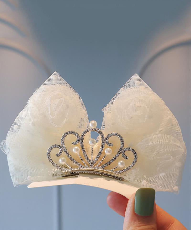 Classy Beige Metal Zircon Crown Tulle Bow Kids Hairpin YG029 ABC