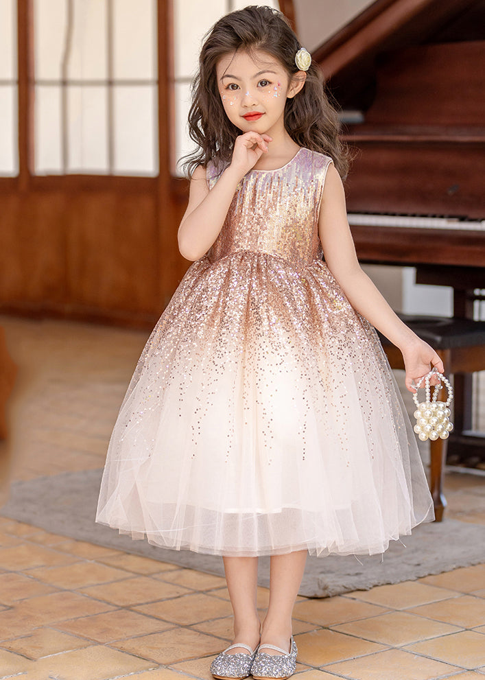 Classy Beige O-Neck Wrinkled Tulle Girls Long Dress Sleeveless EW028 WS-JRTZSDL240810