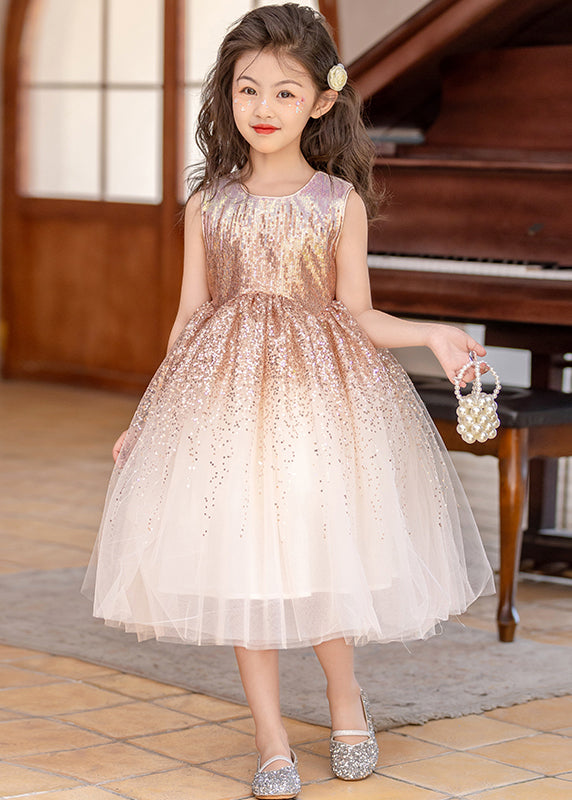 Classy Beige O-Neck Wrinkled Tulle Girls Long Dress Sleeveless EW028 WS-JRTZSDL240810