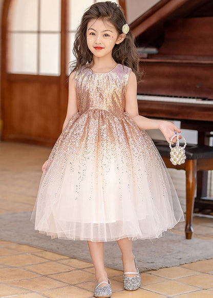 Classy Beige O-Neck Wrinkled Tulle Girls Long Dress Sleeveless EW028 WS-JRTZSDL240810