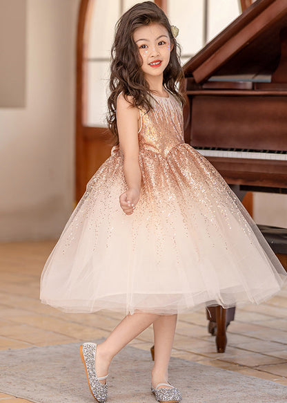 Classy Beige O-Neck Wrinkled Tulle Girls Long Dress Sleeveless EW028 WS-JRTZSDL240810