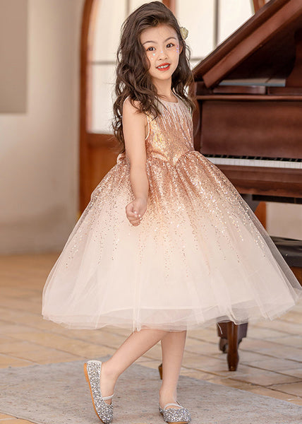 Classy Beige O-Neck Wrinkled Tulle Girls Long Dress Sleeveless EW028 WS-JRTZSDL240810