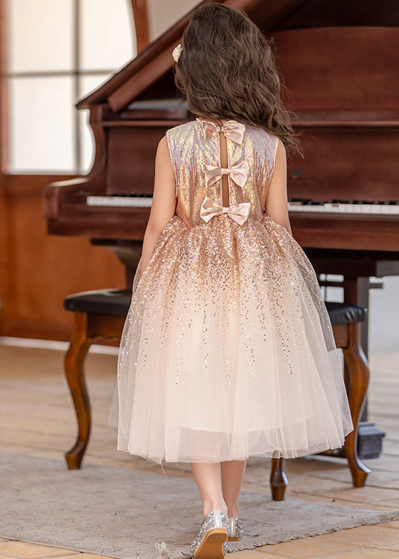 Classy Beige O-Neck Wrinkled Tulle Girls Long Dress Sleeveless EW028 WS-JRTZSDL240810