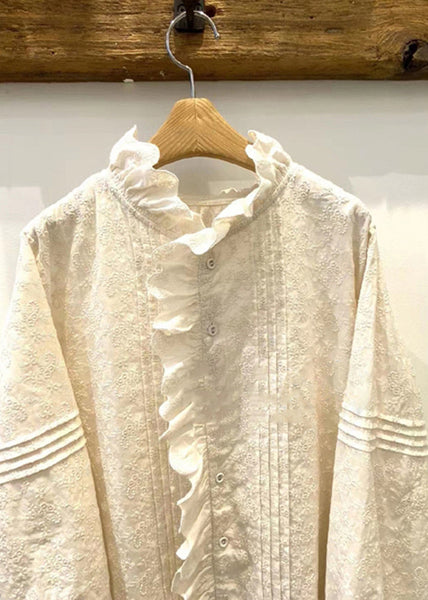 Classy Beige Ruffled Patchwork Embroidered Cotton Blouses Spring YK034 OM-MZF250306