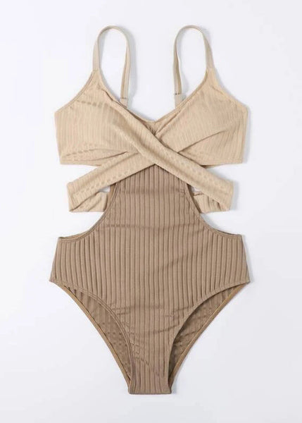 Classy Beige Striped Patchwork Backless Swimwear Bodysuit VC056 WM-Beach-LTY240615