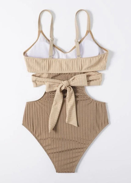Classy Beige Striped Patchwork Backless Swimwear Bodysuit VC056 WM-Beach-LTY240615