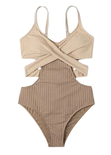 Classy Beige Striped Patchwork Backless Swimwear Bodysuit VC056 WM-Beach-LTY240615