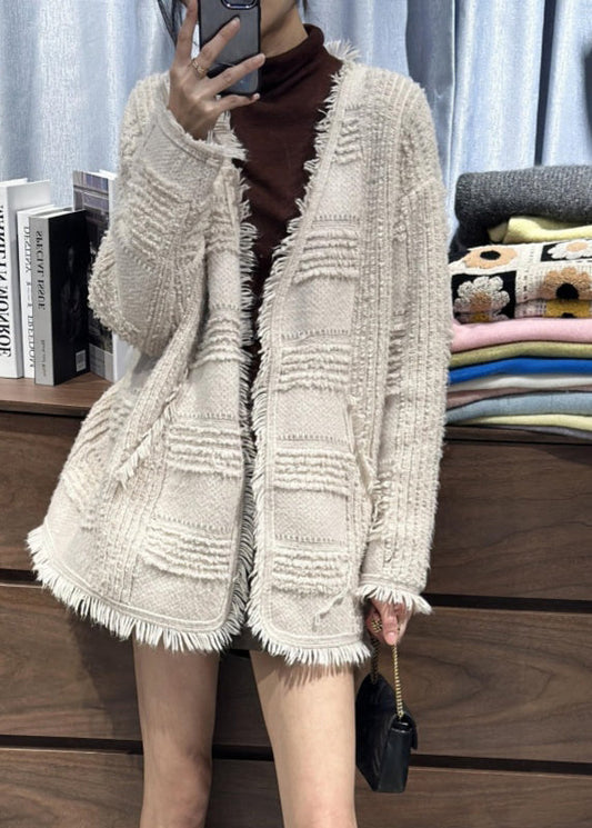 Classy Beige V Neck Tassel Woolen Loose Cardigans Fall RL006 ABC