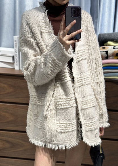Classy Beige V Neck Tassel Woolen Loose Cardigans Fall RL006 ABC