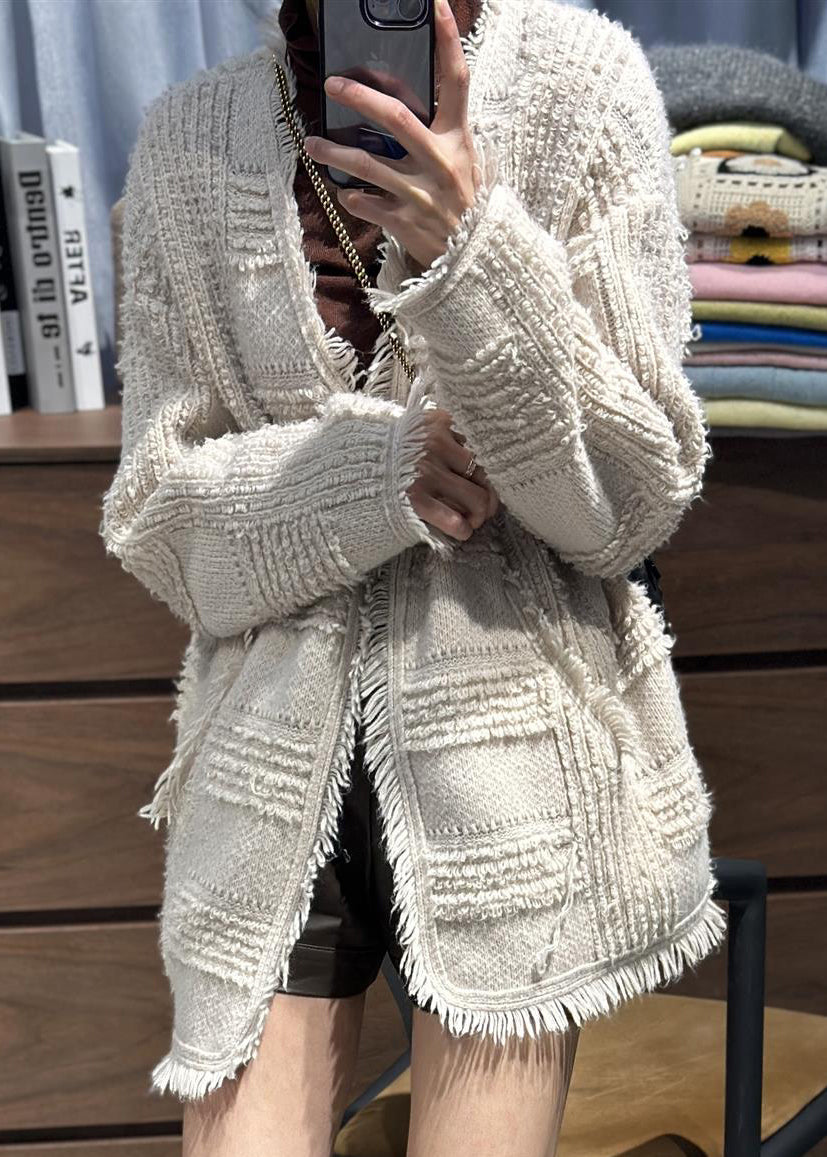 Classy Beige V Neck Tassel Woolen Loose Cardigans Fall RL006 ABC