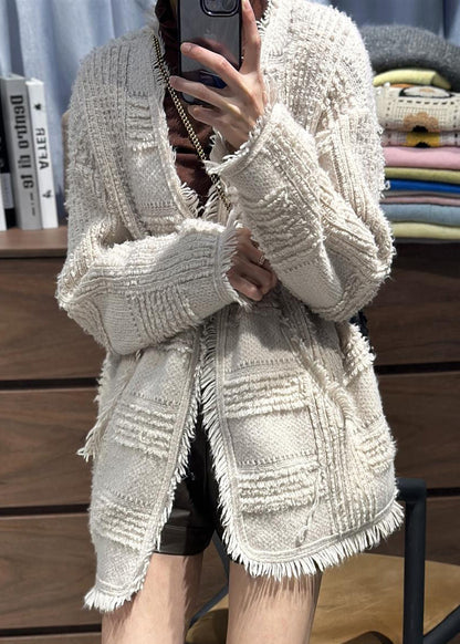 Classy Beige V Neck Tassel Woolen Loose Cardigans Fall RL006 ABC