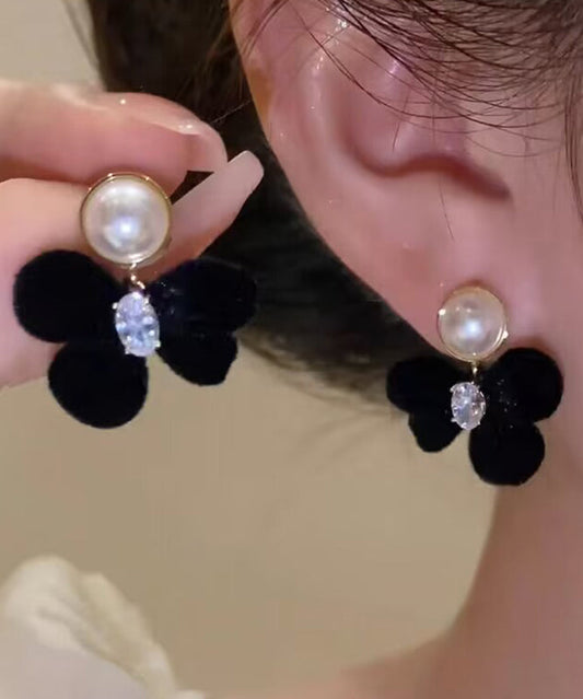 Classy Black Alloy Inlaid Crystal Pearl Bow Pile Coating Stud Earrings WH018 JEW-SDL241116