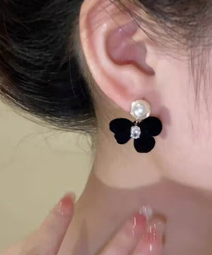 Classy Black Alloy Inlaid Crystal Pearl Bow Pile Coating Stud Earrings WH018 JEW-SDL241116