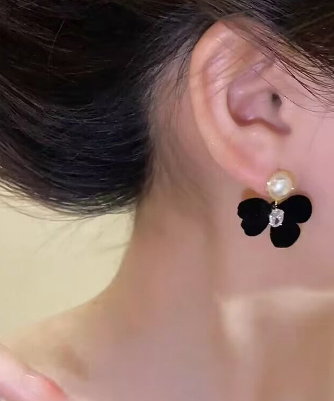 Classy Black Alloy Inlaid Crystal Pearl Bow Pile Coating Stud Earrings WH018 JEW-SDL241116