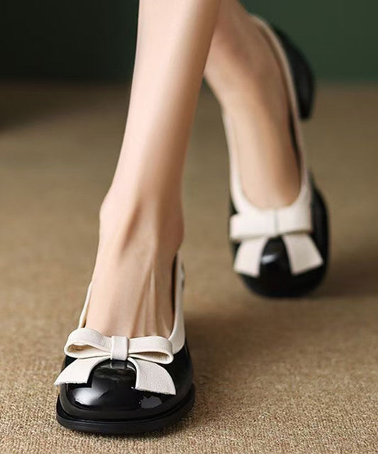 Splicing Classy Bow Shoes Chunky Faux Black Leather FashionChic